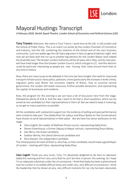 Mayoral Hustings Transcript 3 February 2020, Sheikh Zayed Theatre, London School of Economics and Political Science (LSE)