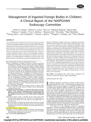 Management of Ingested Foreign Bodies in Children: a Clinical Report of the NASPGHAN Endoscopy Committee