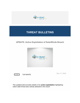 H-ISAC TLP White Threat Cyber Bulletin on Solarwinds Breach Update