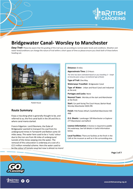 Bridgewater Canal- Worsley to Manchester Easy Trail: Please Be Aware That the Grading of This Trail Was Set According to Normal Water Levels and Conditions