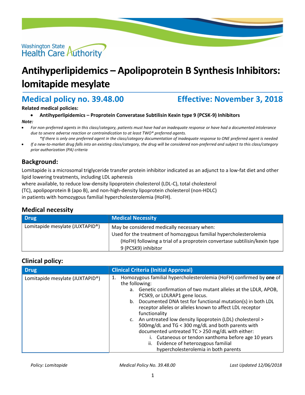 Antihyperlipidemics – Apolipoprotein B Synthesis Inhibitors: Lomitapide Mesylate Medical Policy No