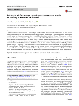 Thievery in Rainforest Fungus-Growing Ants: Interspecific Assault on Culturing Material at Nest Entrance