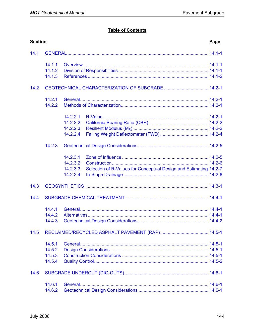 MDT Geotechnical Manual Pavement Subgrade July 2008 14-I Table Of