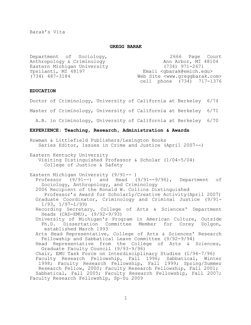 Barak's Vita 1 GREGG BARAK Department of Sociology, 2666