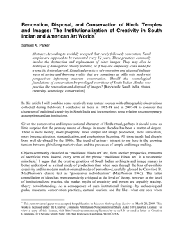 Renovation, Disposal, and Conservation of Hindu Temples and Images: the Institutionalization of Creativity in South Indian and American Art Worlds*