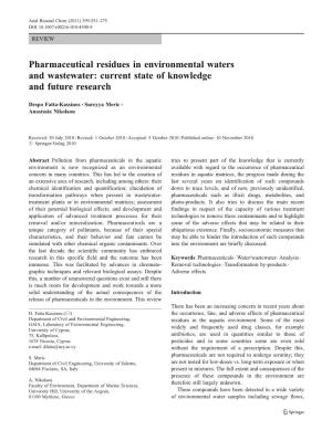 Pharmaceutical Residues in Environmental Waters and Wastewater: Current State of Knowledge and Future Research