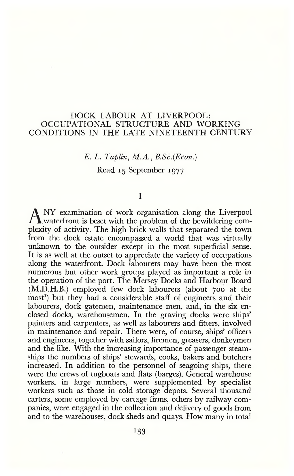 Dock Labour at Liverpool: Occupational Structure and Working Conditions in the Late Nineteenth Century