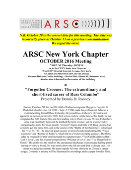 ARSC New York Chapter OCTOBER 2016 Meeting 7:00 P