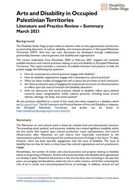 Arts and Disability in Occupied Palestinian Territories Literature and Practice Review – Summary March 2021
