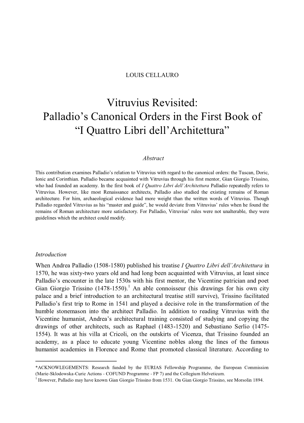 Vitruvius Revisited: Palladio’S Canonical Orders in the First Book of “I Quattro Libri Dell’Architettura”