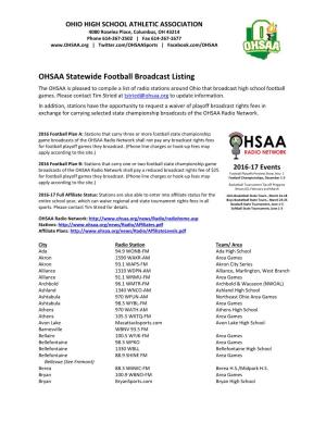 OHSAA Statewide Football Broadcast Listing the OHSAA Is Pleased to Compile a List of Radio Stations Around Ohio That Broadcast High School Football Games