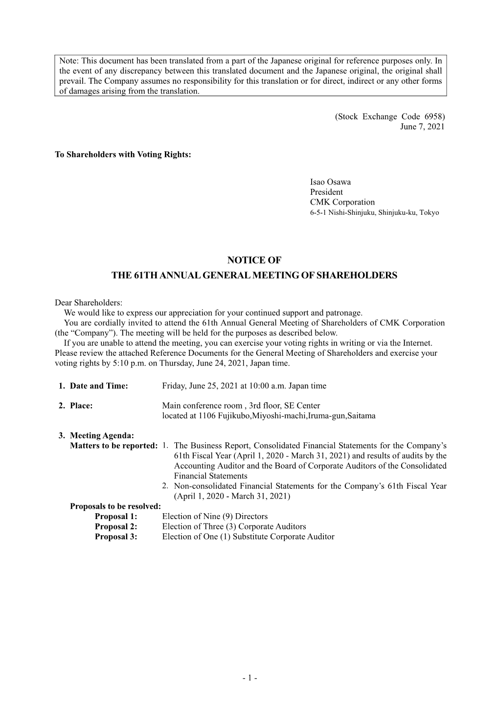 Notice of the 61Th Annual General Meeting of Shareholders