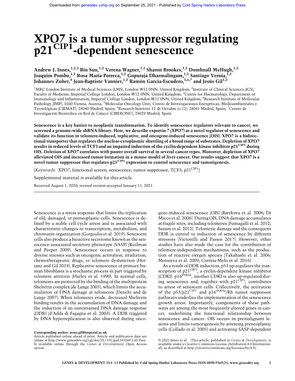 XPO7 Is a Tumor Suppressor Regulating P21cip1-Dependent Senescence