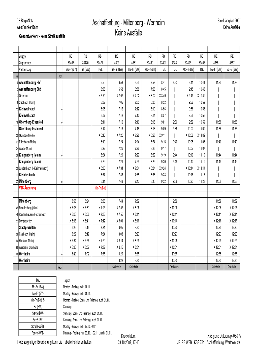 Aschaffenburg - Miltenberg - Wertheim Streikfahrplan 2007 Westfrankenbahn Keine Ausfälle! Gesamtverkehr - Keine Streikausfälle Keine Ausfälle