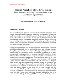 Muslim Preachers of Medieval Bengal Their Role in Promoting Communal Harmony and Social Equilibrium