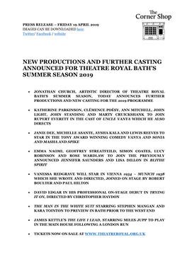 New Productions and Further Casting Announced for Theatre Royal Bath’S Summer Season 2019
