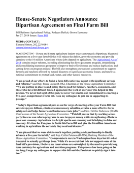 House-Senate Negotiators Announce Bipartisan Agreement on Final Farm Bill