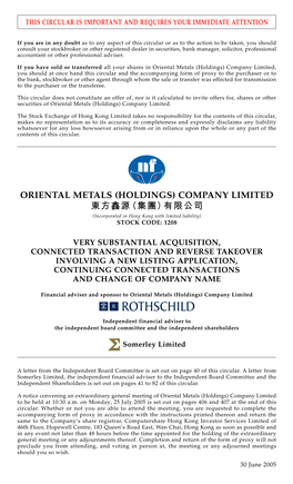 ORIENTAL METALS (HOLDINGS) COMPANY LIMITED 東方鑫源（集團）有限公司 (Incorporated in Hong Kong with Limited Liability) STOCK CODE: 1208