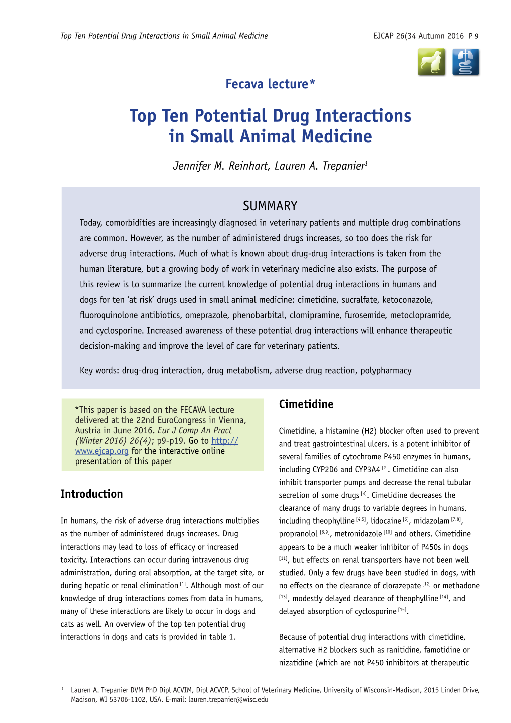 Top Ten Potential Drug Interactions in Small Animal Medicine EJCAP 26(34 Autumn 2016 P 9