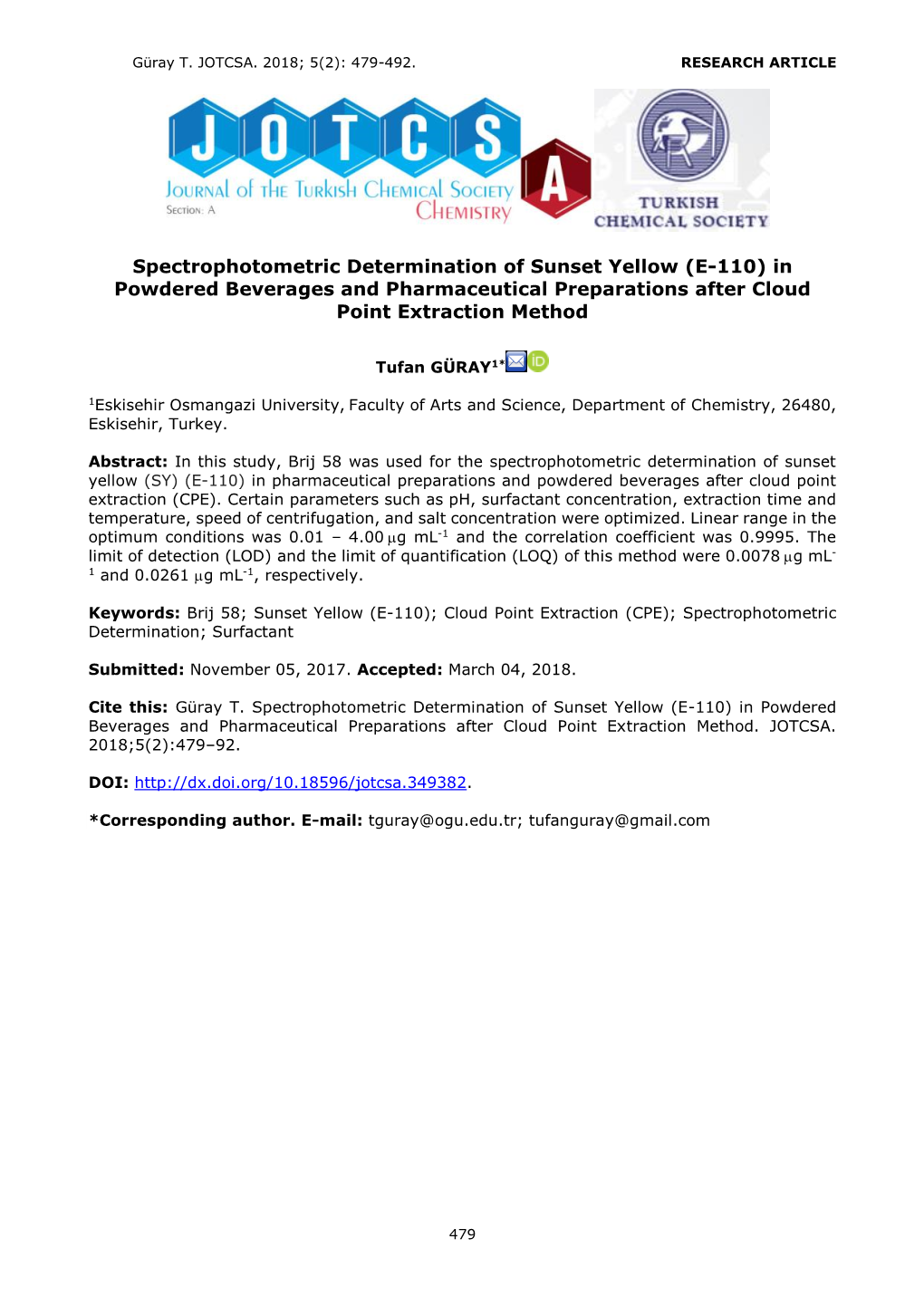 Spectrophotometric Determination of Sunset Yellow (E-110) in Powdered Beverages and Pharmaceutical Preparations After Cloud Point Extraction Method