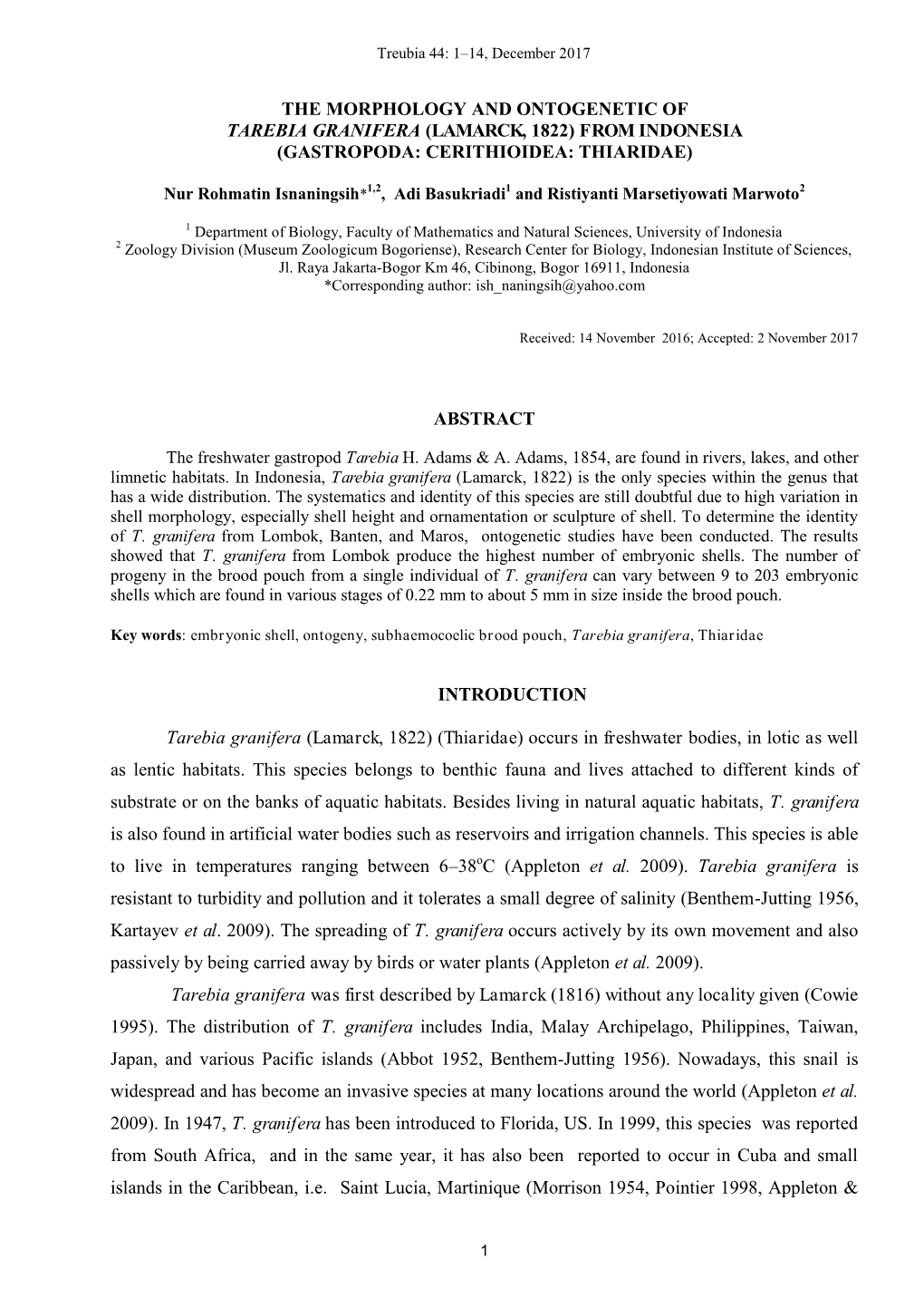 The Morphology and Ontogenetic of Tarebia Granifera (Lamarck, 1822) from Indonesia (Gastropoda: Cerithioidea: Thiaridae) Abstr