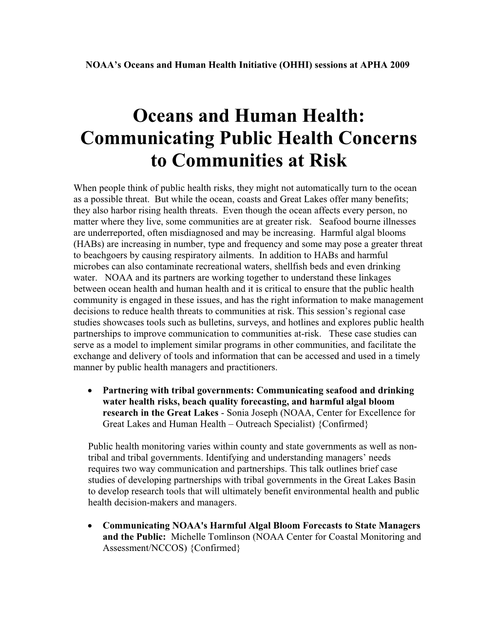 Oceans and Human Health: Communicating Public Health Concerns to Communities at Risk