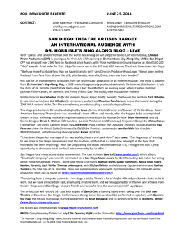 For Immediate Release: June 29, 2011 San Diego Theatre