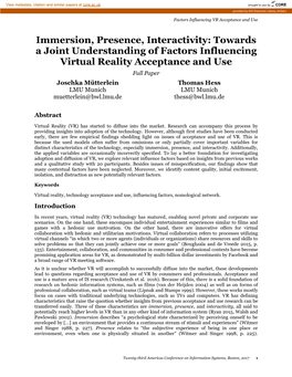 Immersion, Presence, Interactivity: Towards a Joint Understanding of Factors Influencing Virtual Reality Acceptance And