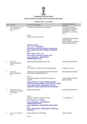 Supreme Court of India Miscellaneous Matters to Be Listed on 09-08-2021