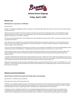 Atlanta Braves Clippings Friday, April 2, 2020 Braves.Com
