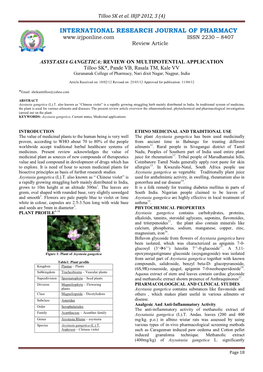 ASYSTASIA GANGETICA: REVIEW on MULTIPOTENTIAL APPLICATION Tilloo SK*, Pande VB, Rasala TM, Kale VV Gurunanak College of Pharmacy, Nari Dixit Nagar, Nagpur, India