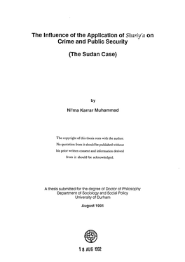 The Influence of the Application of Shariy' a on Crime and Public Security (The Sudan Case)