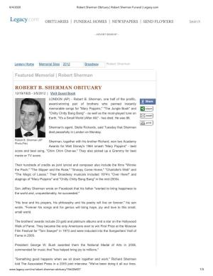 ROBERT B. SHERMAN OBITUARY 12/19/1925 - 3/5/2012 | Visit Guest Book LONDON (AP) - Robert B
