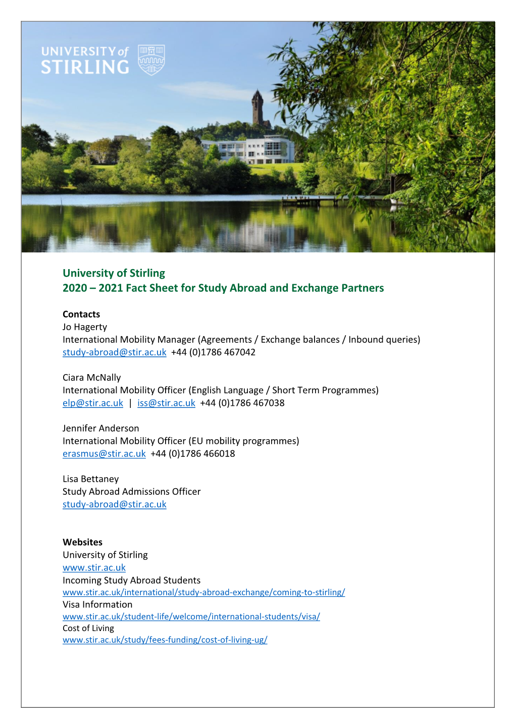 University of Stirling 2020 – 2021 Fact Sheet for Study Abroad and Exchange Partners