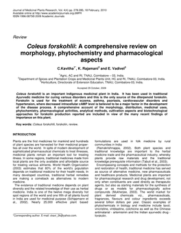 Coleus Forskohlii: a Comprehensive Review on Morphology, Phytochemistry and Pharmacological Aspects