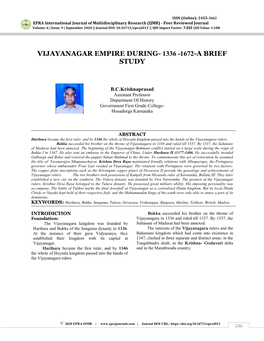 Vijayanagar Empire During- 1336 -1672-A Brief Study