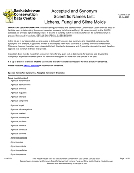 Accepted and Synonym Scientific Names List: Lichens, Fungi and Slime Molds