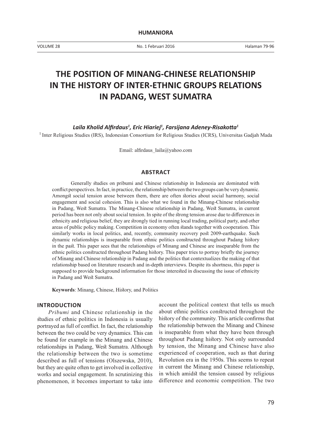 The Position of Minang-Chinese Relationship in the History of Inter-Ethnic Groups Relations in Padang, West Sumatra