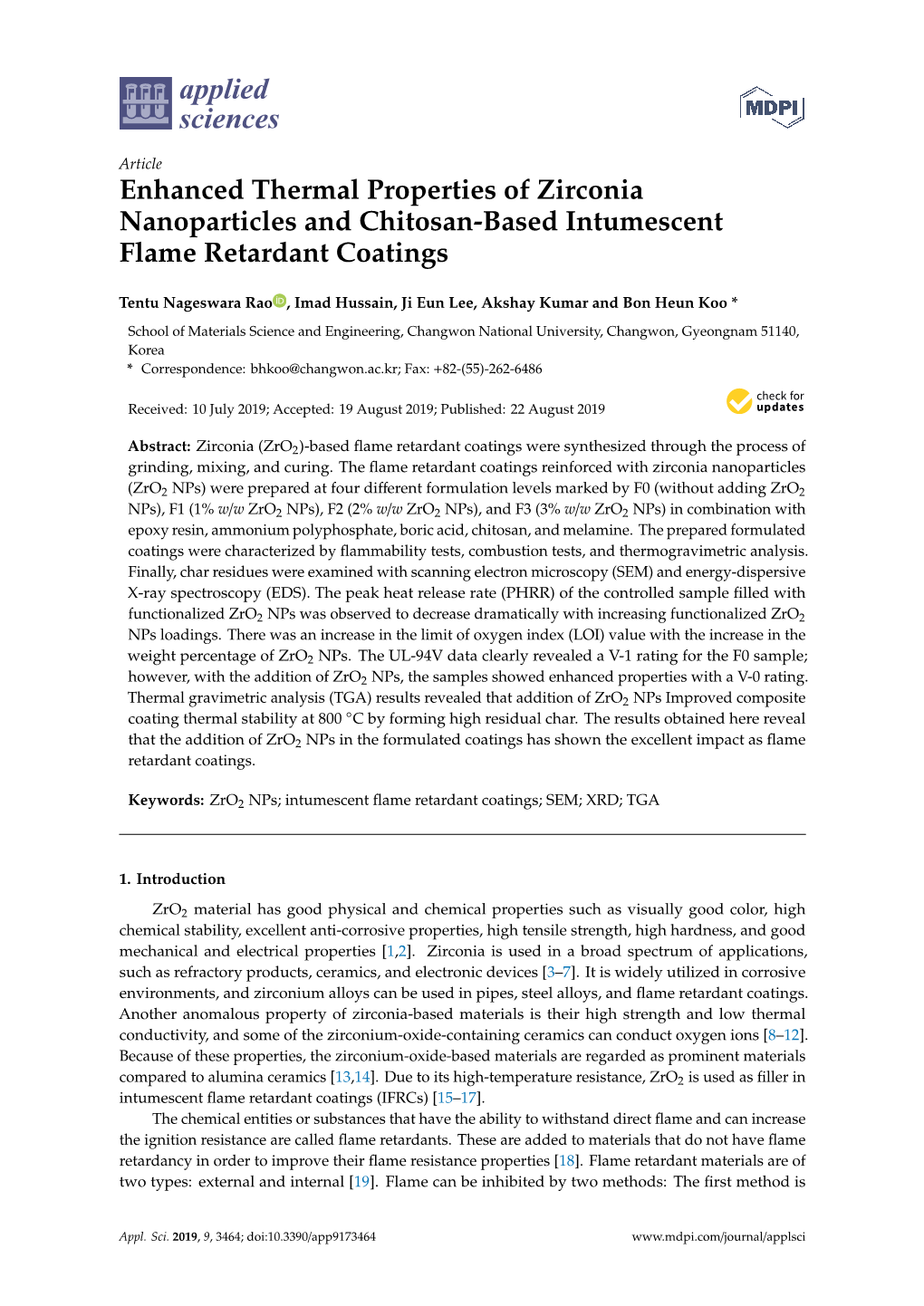 Enhanced Thermal Properties of Zirconia Nanoparticles and Chitosan-Based Intumescent Flame Retardant Coatings