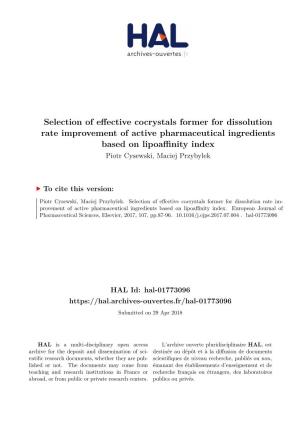 Selection of Effective Cocrystals Former for Dissolution Rate Improvement Of