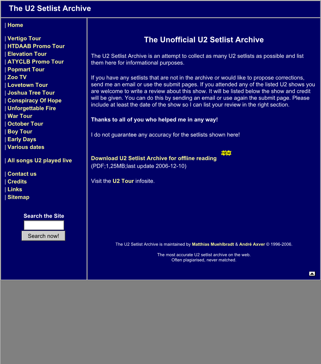 U2 Setlist Archive