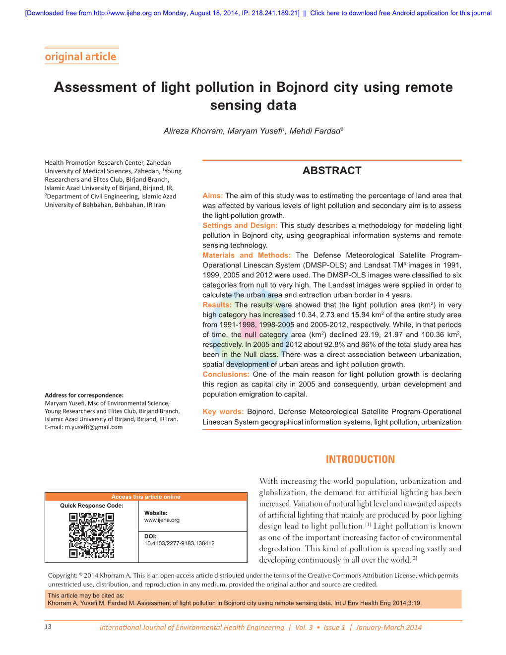 Assessment of Light Pollution in Bojnord City Using Remote Sensing Data