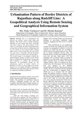 Urbanization Pattern of Border Districts of Rajasthan Along Radcliff Line: a Geopolitical Analysis Using Remote Sensing and Geographical Information System