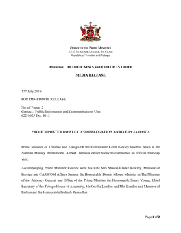 Prime Minister Rowley and Delegation Arrive in Jamaica.Pdf