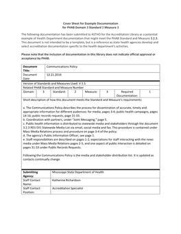 Cover Sheet for Example Documentation for PHAB Domain 3 Standard 2 Measure 3