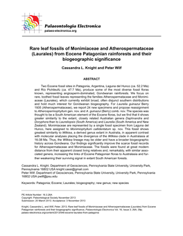 Rare Leaf Fossils of Monimiaceae and Atherospermataceae (Laurales) from Eocene Patagonian Rainforests and Their Biogeographic Significance