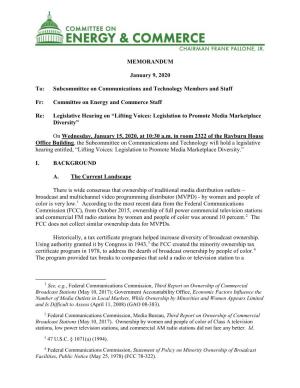 MEMORANDUM January 9, 2020 To: Subcommittee on Communications and Technology Members and Staff Fr: Committee on Energy And