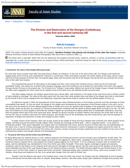 The Division and Destruction of the Xiongnu Confederacy, Rafe De Crespigny, Publications, Faculty of Asian Studies, ANU
