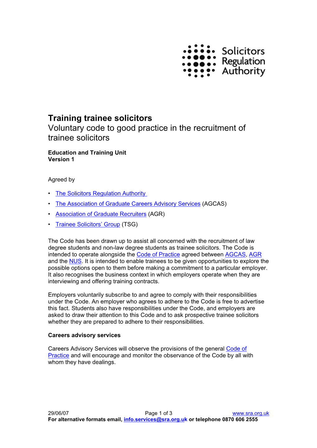 Voluntary Code to Good Practice in the Recruitment of Trainee Solicitors