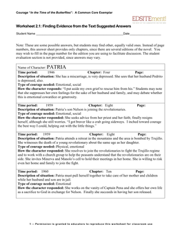 In the Time of Butterflies Worksheet